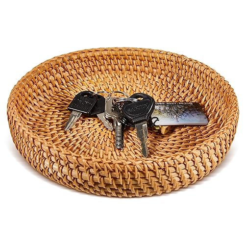 Hushee 1 Pcs Small Round Basket for Entryway Table Woven Wicker Key Bowl Basket Rattan Round Tray Organizing for Key Wallet Cell Phone Fruit Food Holder Decorative Table Storage (Brown)