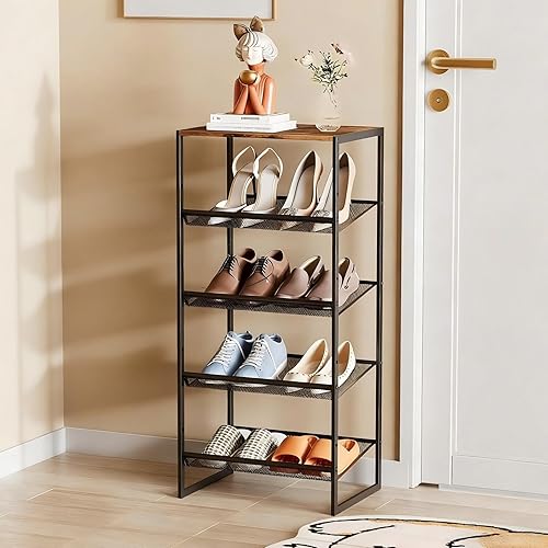 Garden 4 you Shoe Rack for Closet Narrow 5 Tiers, Small Shoe Rack with Brown Wooden Tabletop, Adjustable Metal Shoe Shelf for Closet Entryway Hallway Living Room