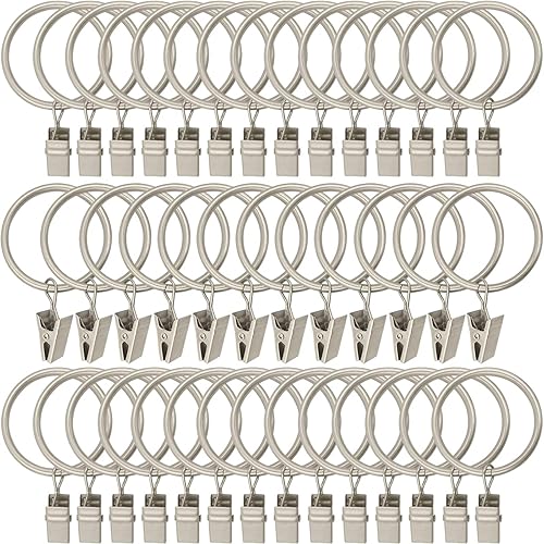 AMZSEVEN 40 Pack Metal Curtain Rings with Clips, Drapery Clips Hooks, Decorative Curtain Rod Clips 1.5 in Interior Diameter, Matte Silver