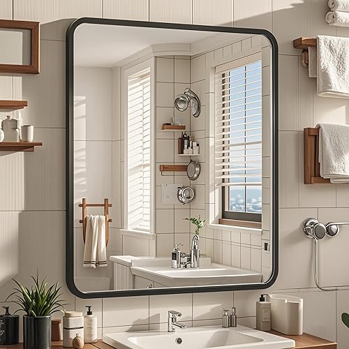 OBESTIK 24x30 Black Bathroom Mirrors for Over Sink, Rectangle Bathroom Vanity Mirror for Wall, Modern Metal Frame Rectangular Mirror for Restroom Powder Room Toilet, Shatterproof, Tempered Glass