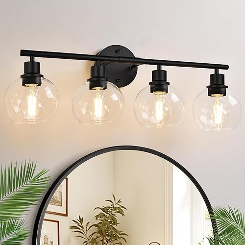 Indoi 4-Light Bathroom Light Fixtures, Black Bathroom Lights Over Mirror with Clear Glass Globe Shade, Vanity Lights for Bathroom Kitchen Living Room Hallway Cabinet Bedroom Porch