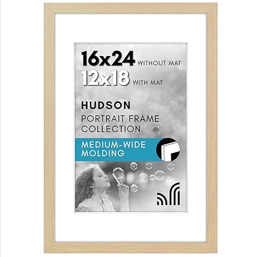 Americanflat 16x24 Poster Frame with Polished Plexiglass - Use as 12x18 Frame with Mat or Display 16x24 Photo Without Mat - Hudson Collection - Wide Picture Frames for Wall Display - Natural Oak