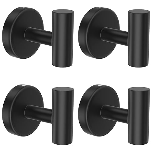 stusgo 4-Pack Towel Hook for Bathroom Wall Mounted, Matte Black Towel Hooks for Bathroom, Stainless Steel Wall Hooks for Hanging, Brushed Black Hooks for Towels
