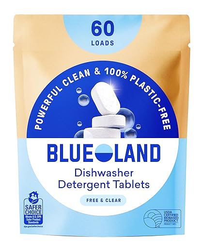 BLUELAND 100% Plastic-Free Dishwasher Detergent Tablets, 60 Count, Free & Clear, Eco-Friendly Dishwashing Pods, Natural, USDA Certified biobased