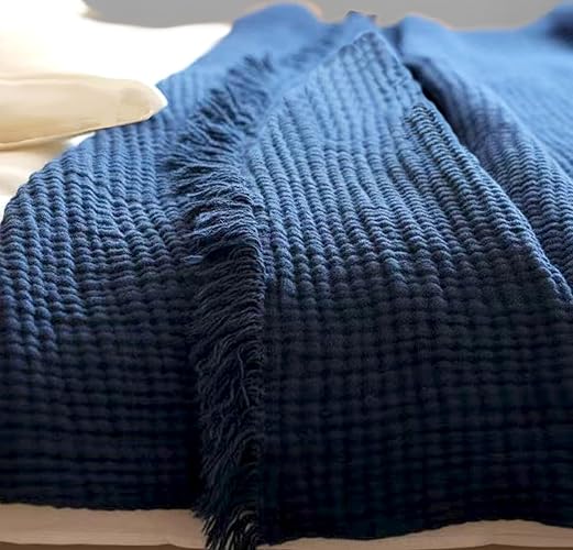 KyraHome Muslin Blankets for Adults, 50"x60" 100% Organic Cotton Throw Blanket, Plant Dyed, Breathable, Lightweight Gauze Cotton Blanket for Couch, Bed, Travel, All Season (Navy Blue)
