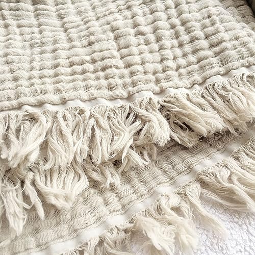 KyraHome Muslin Blankets for Adults, Couch 50"x60", 100% Organic Cotton Throw Blanket, Plant-Dyed, Breathable Lightweight Gauze Summer Blanket for Couch, All Season (Oatmeal Khaki Tan)