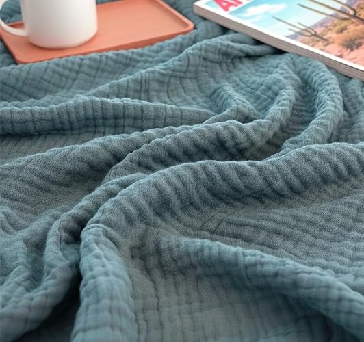 KyraHome Muslin Blankets for Adults, Kid,100% Organic Cotton Blanket Plant Dyed, Breathable Lightweight Gauze Throw Blanket for Couch, All Season (Slate Blue)