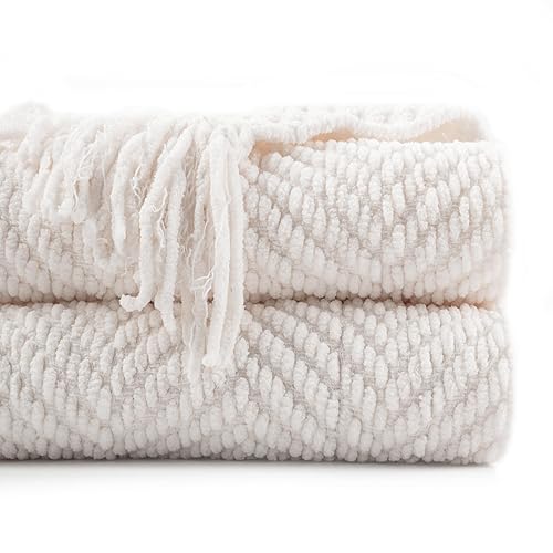 BATTILO HOME Cream Throw Blanket for Couch, Textured Knitted Throw Blanket with Tassels, Couch Cover Blanket Warm Decorative White Throw Blankets for Sofa Living Room, 60" x 80"