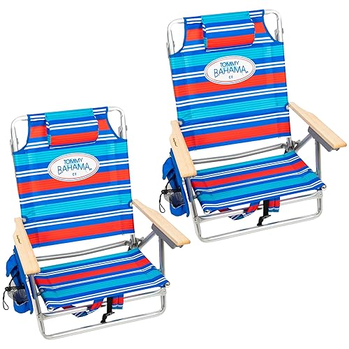 Tommy Bahama Set of 2 5-Position Classic Lay Flat Backpack Beach Chairs with Cooler, Storage Pouch and Towel Bar (RWB Stripe)