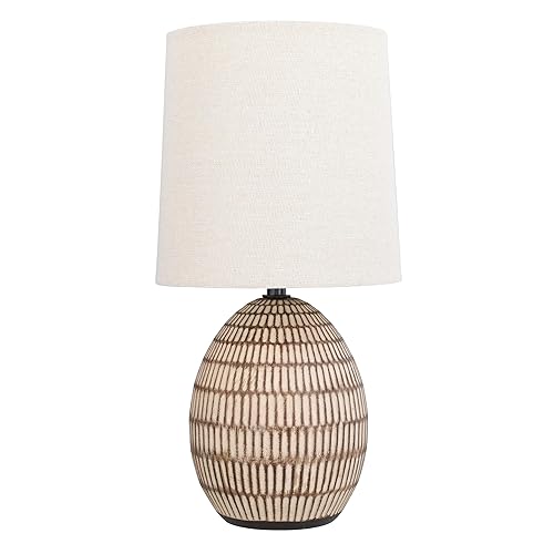 XTREME Ceramic Table Lamp, 12.75" Carved Textured Table Lamp, Modern Brown Bedside Lamp with Beige Shade, Small Nightstand Lamp for Bedroom Living Room, E26 Bulb Required