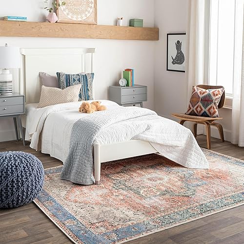 Livabliss Suri Vintage Washable Area Rug 5'3" x 7'3", Rust/Blue