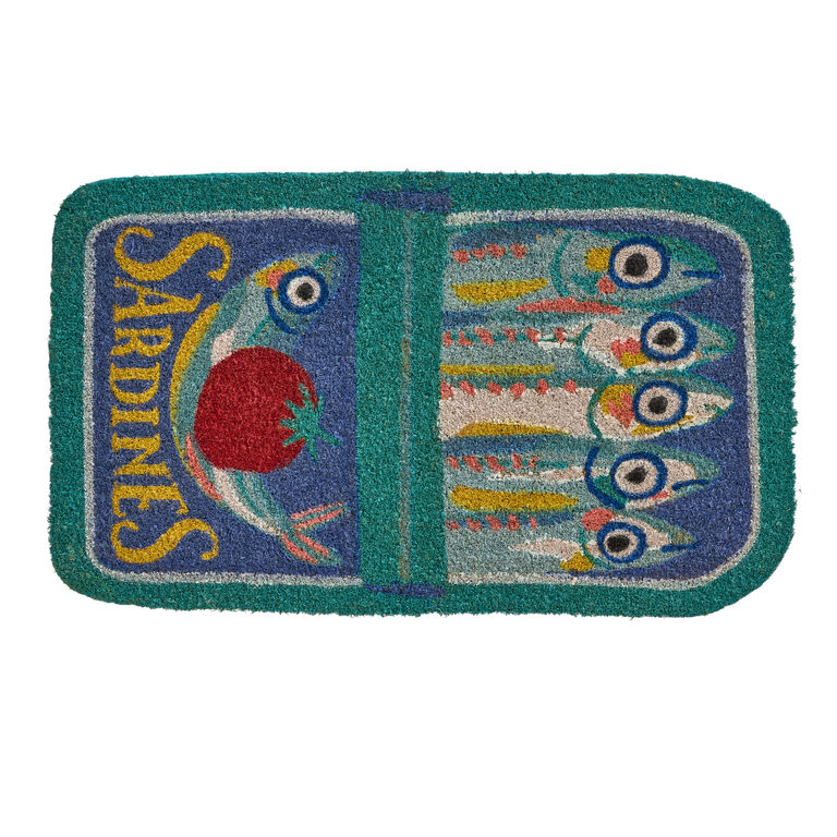 Blue And Aqua Tinned Sardines Hand Tufted Coir Doormat