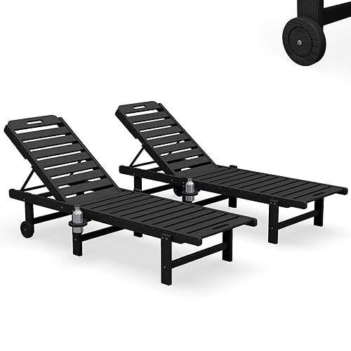 SERWALL Outdoor Chaise Lounge Set of 2, All-Weather HDPE Pool Lounge Chairs with 5-Position Adjustable Reclining Backrest, Rolling Wheels & Cup Holder for Poolside, Black