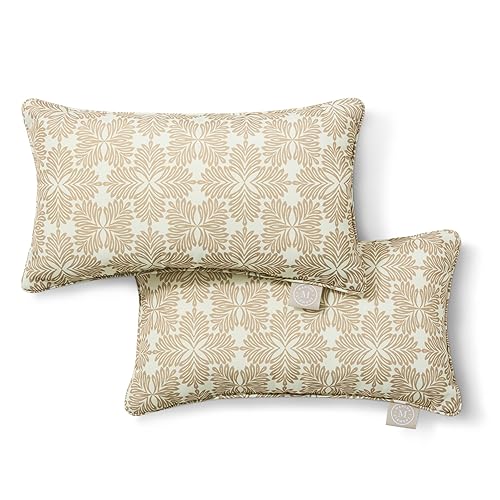 Martha Stewart Tulum Indoor Outdoor Decorative Lumbar Pillow 2-Pack Set, UV Fade Resistant, Water Repellent, Printed Modern Design, Taupe, 11"x18"