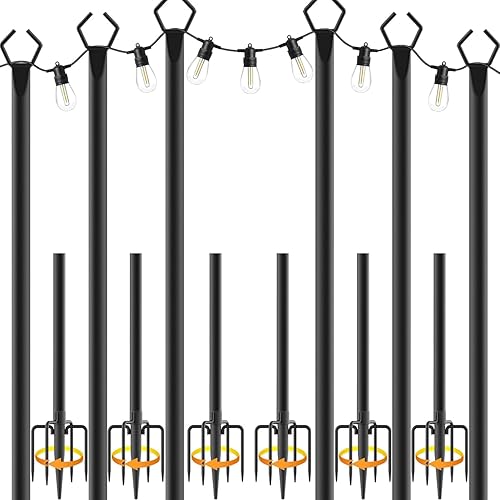 AILBTON 10Ft String Light Poles 6 Pack,Light Poles for Outside Lights,Outdoor with Fence Brackets Hanging Lights,Metal Stand Deck Patio Backyard