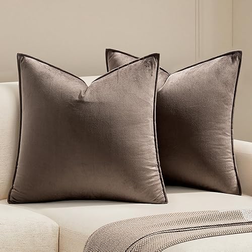 MIULEE Dark Coffee Velvet Throw Pillow Covers 18x18 Taupe Neutral Soft Decorative Solid Square Cushion Cases Pack of 2 Modern Luxury Home Decor for Couch, Sofa, Bedroom