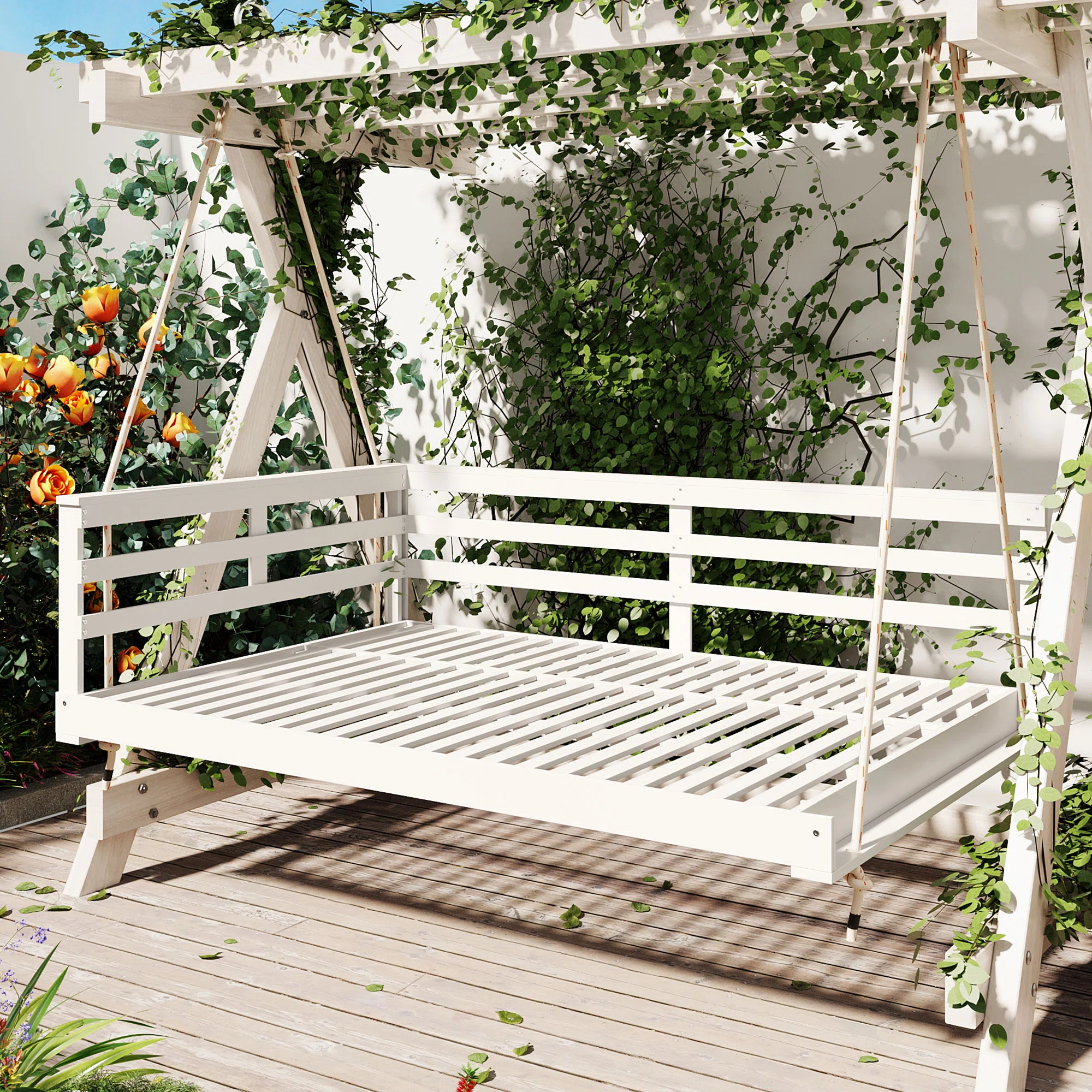 Latitude Run 8003 Solid Wood Porch Swing Bed Full Size Hanging Bed