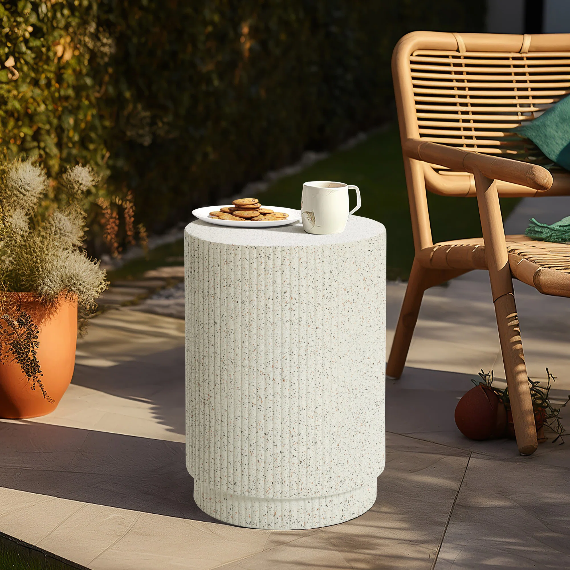 Ivory White Cement Round Outdoor Side Table