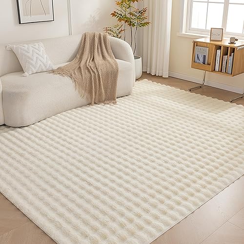 3D Bubble Washable Home Decor Carpet for Living Room, Bedroom, 8' W × 10' L, Beige