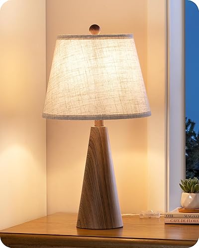 21.85" Farmhouse Table Lamp, Rustic Bedside Lamp, Water Transfer Walnut Wood Grain Metal Base, Beige Linen Shade, Minimalist Nightstand Light for Living Room, Bedroom, Office, E26 Base