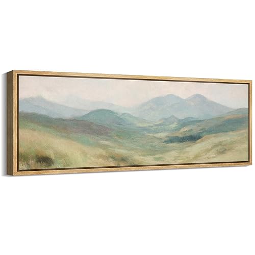 Large Framed Canvas Print Wall Art Soft Pastel Rolling Hills Peaceful Misty Landscape Illustrations Antique Retro Fine Art Illustrations Decorative Colorful for Bedroom - 60"x20"