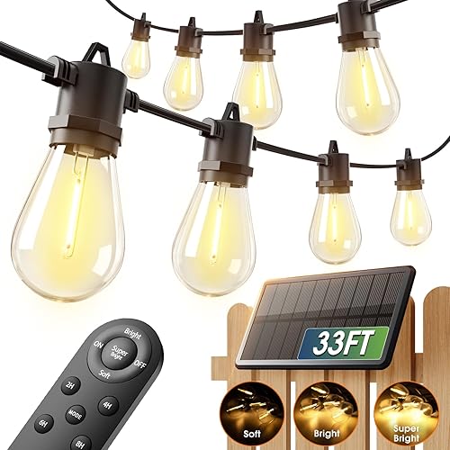 addlon 33FT (27+6) Solar String Lights for Outside Outdoor Waterproof with USB Port & Remote Control Solar Patio Lights Last for 20+Hrs Dimmable Solar Power LED Bulbs Hanging for Porch Garden Bistro