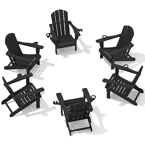 SERWALL HDPE Folding Adirondack Chair with Dual Cup Holder - Composite Adirondack Chair Set of 6- Black