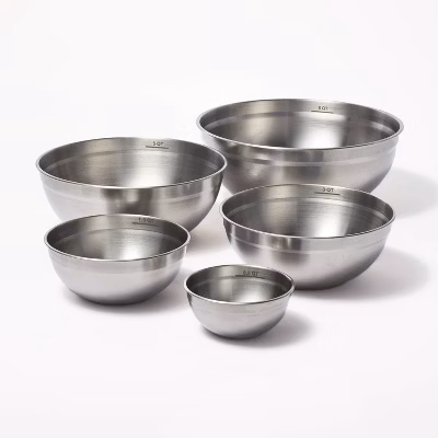 5pc Stainless Steel Non-slip Mixing Bowls (no Lids) Silver - Figmint™: Nesting Kitchen Set, Dishwasher-safe, 0.5-8 Qt