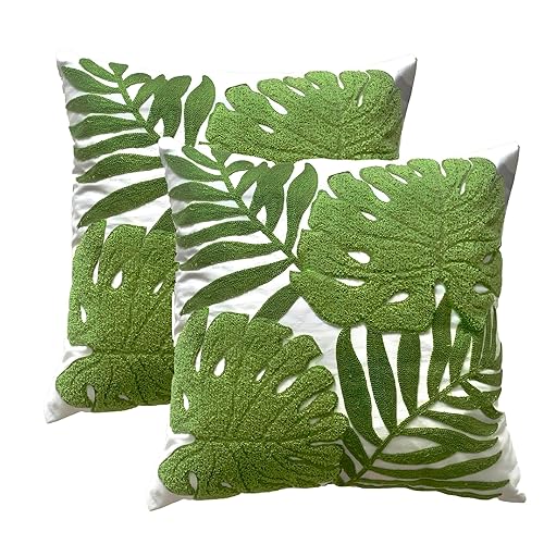 TAOSON Pack of 2,Tropical Green Leave Pattern Embroidered Throw Pillow Cover,Cotton Canvas Cushion Covers, Spring Farmhouse Decor, Valentine's Day Gift Square Farmhouse Floral Pillow Case 18" x18"