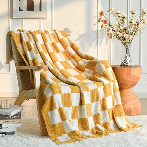 Checkered Knitted Throw Blanket, Cozy Soft Fluffy Plaid Blanket for Couch Bed, Lightweight Comfy Travel Picnic Blanket for Sofa Chair Living Room Camping Gifts (Yellow, Throw 60"x80")