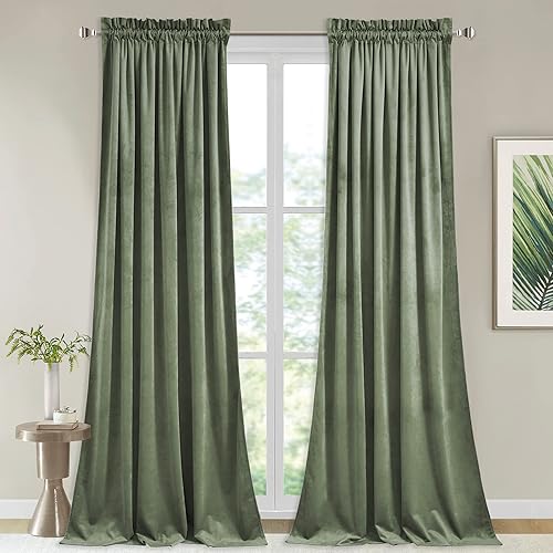 StangH Sage Green Velvet Curtains - Modern Thermal Insulated Drapes for Office, Heavy Soft Curtains with Noise Reduction for Sliding Door, W52 x L92, 2 Panels