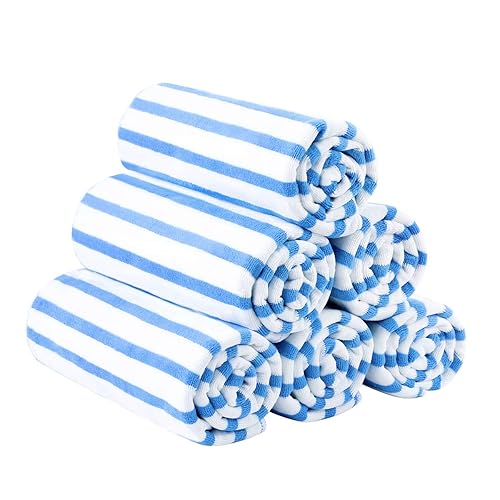 JML Microfiber Beach Towels, Large Bath Towel Set for Adult, 6 Pack, 27" x 55" - Cabana Stripe - Absorbent, Quick Dry for Pool, Bathroom, Sport, Yoga, Camping, Swimming, Dorm, Summer Party, Blue