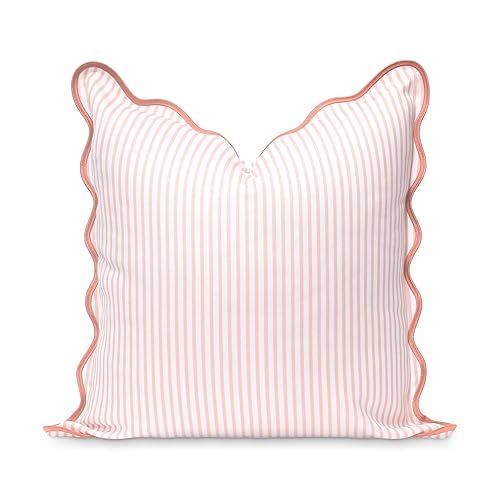 Hofdeco Premium Coastal Patio Indoor Outdoor Scalloped Throw Pillow Cover Only, 20"x20" Water Repellent for Backyard, Couch, Blush Pink Print Stripes