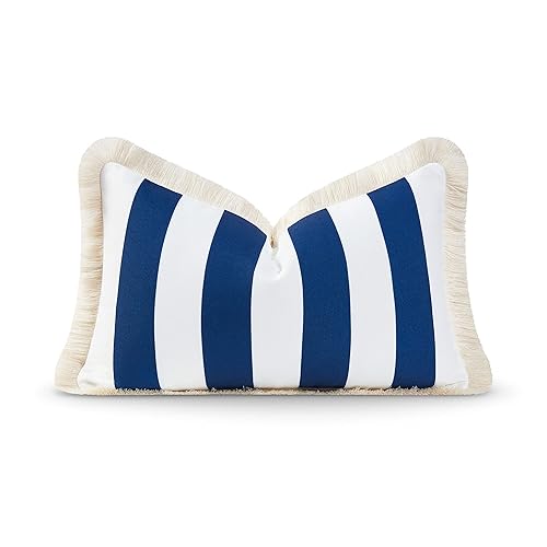 Hofdeco Premium Coastal Hampton Style Patio Indoor Outdoor Lumbar Pillow Cover Only, 12"x20" Water Resistant for Backyard, Couch, Navy Blue Stripe Fringe