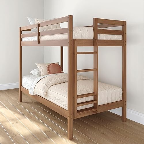 Grain & Grove Bear Twin Over Twin Bunk Bed, Sturdy Bunk Bed Frame for Kids, Plywood Bunk with Ladder, Guardrail, and Slats, No Box Spring Required, Oak Embossed Pecan