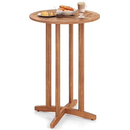 Tangkula Outdoor Acacia Wood Bar Table, 39" Patio Bar Height Round Table with Slatted Tabletop, High Top Bistro Dining Table, Pub Height Round Table for Garden, Deck, Porch and Yard