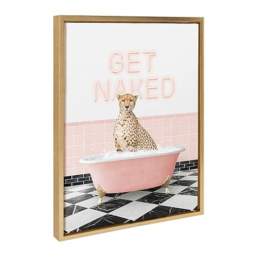Kate and Laurel Sylvie Cheetah Get Naked in Retro Pink Bath Framed Canvas Wall Art by Amy Peterson Art Studio, 18x24 Bright Gold, Cute Animal Bathtub Art for Wall