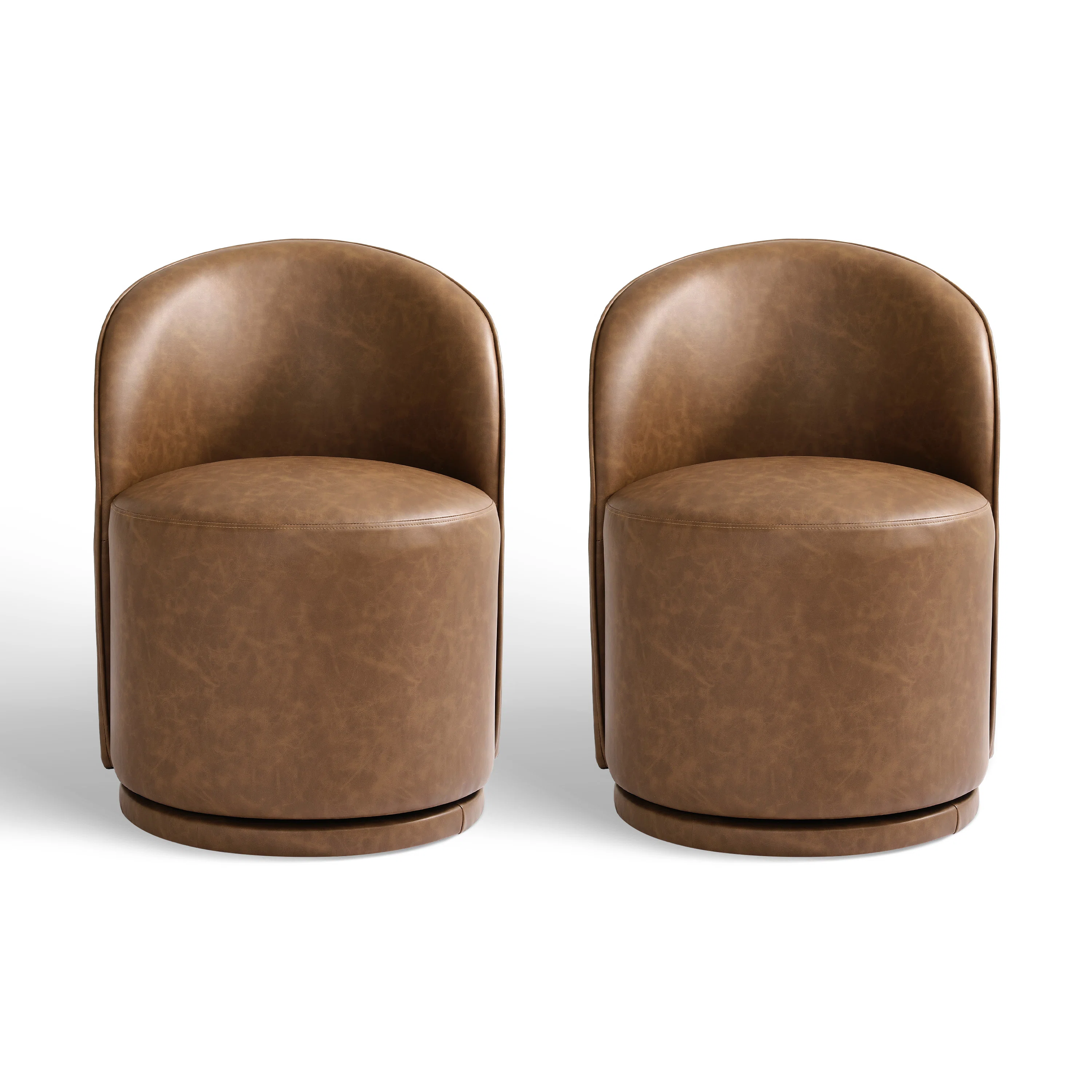 Upholstered Modern Brown Faux Leather Barrel Swivel Side Dining Chair (Set of 2)