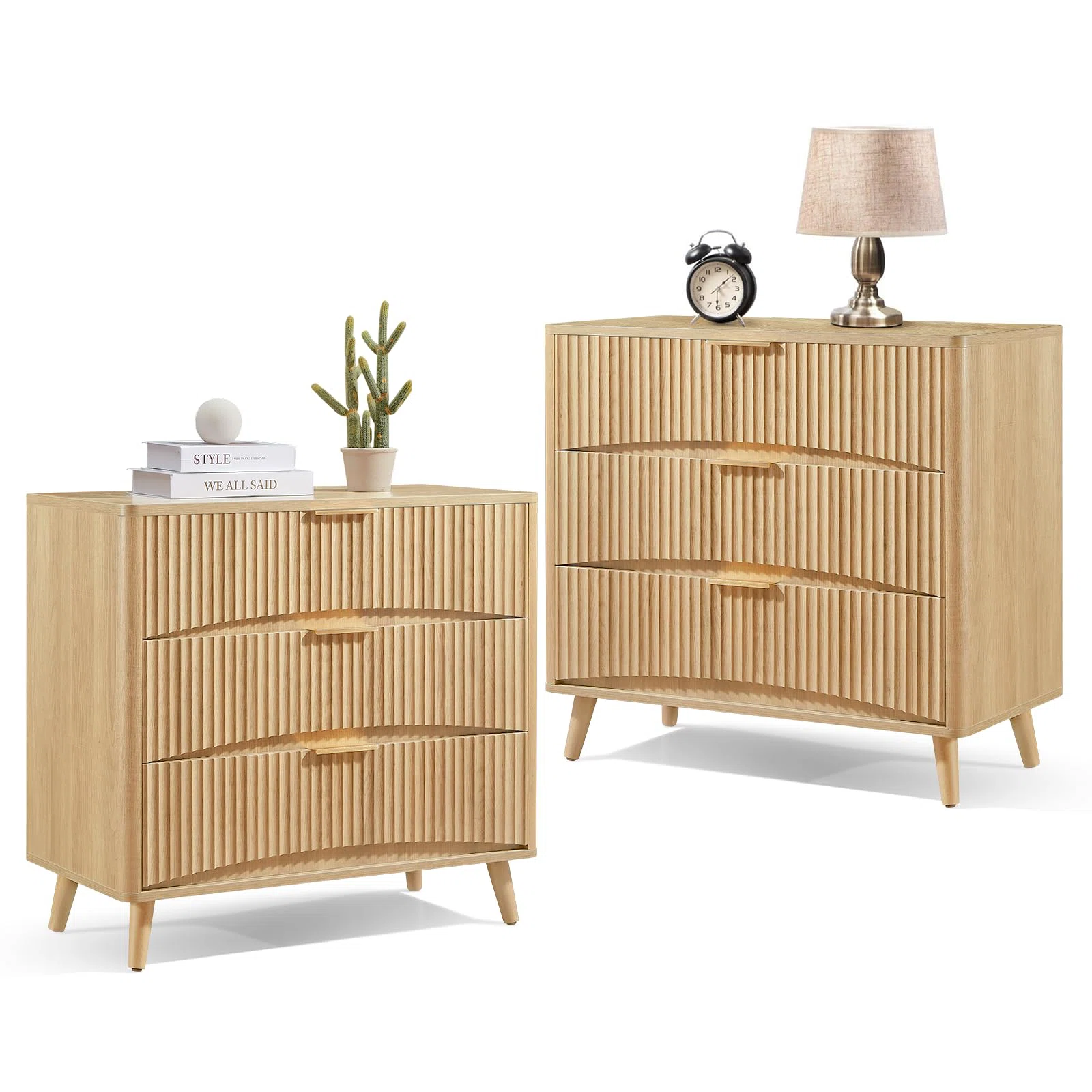 Large Fluted Nightstand Set Of 2,  3 Drawer Night Stand Bedside Table, Mid Century Modern Small Wood Dresser For Bedroom