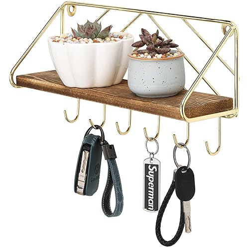 MyGift 12.5 Inch Burnt Solid Wood Hanging Display Shelf and Key Holder Rack, Wall Mounted Entryway Organizer with Brass Tone Metal Wire Chevron Design 6 Hooks