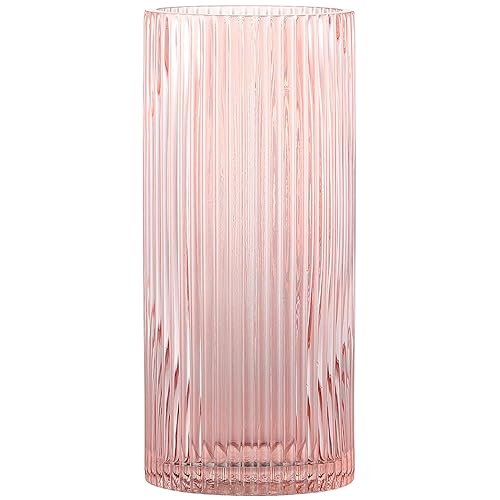 YANWE1 Pink Glass Vase for Flowers Ribbed Glass Vase, Pink Flower Vase, Tall Cylinder Glass Vases for Centerpieces, Living Room, Bedroom, Dining Table, Office, Wedding, Bookshelf Decoration,10 Inches