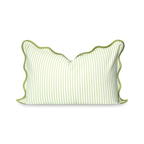 Hofdeco Premium Coastal Patio Indoor Outdoor Scalloped Lumbar Pillow Cover Only, 12"x20" Water Repellent for Backyard, Couch, Green Print Stripes