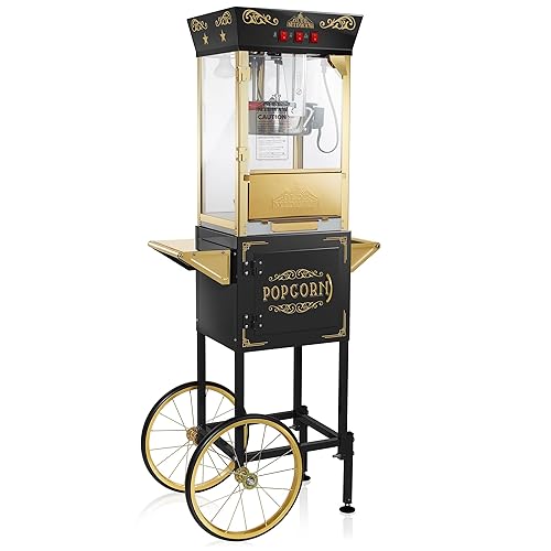 Olde Midway Movie Theater-Style Popcorn Machine Maker with Cart and 8-Ounce Kettle - Black, Vintage-Style Popper on Wheels