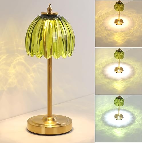 Shenmoyl Tulip Table Lamp with 5000mAh Battery & Touch Control, Cordless Table Lamp with 3 Colors, Dimmable Rechargeable Table Lamps for Bedroom, Nightstand, Living Room, Entryways (Green Tulip)