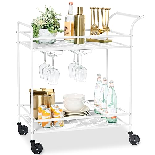 Best Choice Products Rolling Bar Cart, Mobile Home Bar Serving Cart, Serving Station w/ 2 Tier Shelves, Wine Rack, Lockable Wheels - White