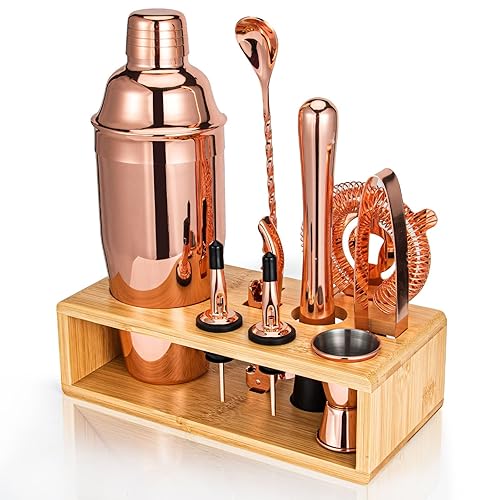 Rose Gold Cocktail Shaker Set, Premium 18/8 Stainless Steel Mixology Bartender Kit with Stylish Bamboo Stand 10-Piece Bar Tools & Accessories for Home Decor - Gift for Women, Mom, Wedding