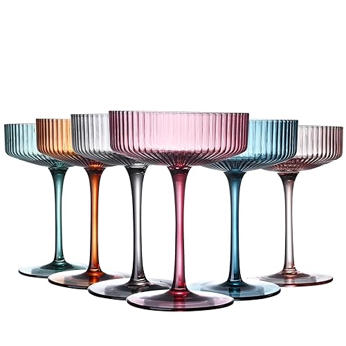 LUXULISH Art Deco Colored Vintage Coupe Glasses, Ribbed Crystal Handmade Martini, Cocktail & Champagne Glasses, Perfect for Dessert, Manhattan, Cosmopolitan, Gimlet, Pisco Sour - 7Oz