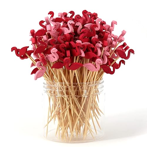 PARTYHIPPO Bamboo Cocktail Picks 200 Pack – Flamingo Toothpicks 4.7 Inch Cocktail Sticks for Appetizers, Fruit, Cheese, Drinks, Party Supplies (Flamingo)