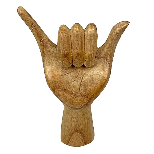 Zeckos Hang Loose Hand Sign Wooden Sculpture – 8" Eco-Friendly Albesia Wood Art – Perfect for Home Decor and Surf Lovers