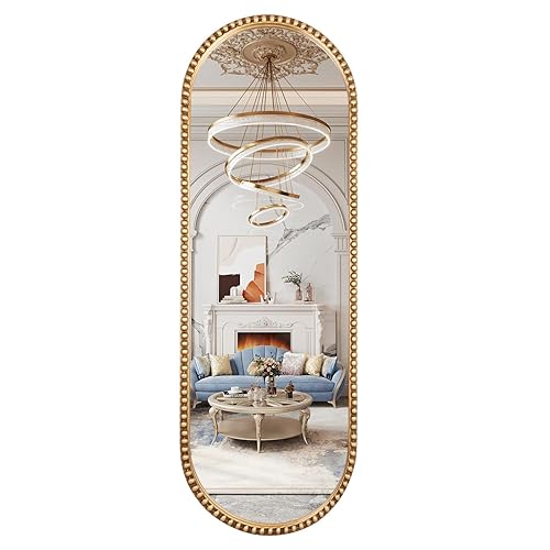 Fobule Oval Full Length Mirror, 20"x53" Metal Beaded Frame Large Hanging Dressing Floor Mirror for Bedroom, Living Room, Entryway, Antique Gold (No Stand)